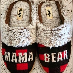 Womens "Mama Bear" Buffalo Plaid Two-Tone Faux Fur Clog Slipper, New